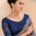 Grey Silk Saree Navy Blue Designer Embroidered Border