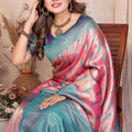 Teal Blue Pink Banarasi Silk Saree with Rich Zari Weaving and Contrast Border