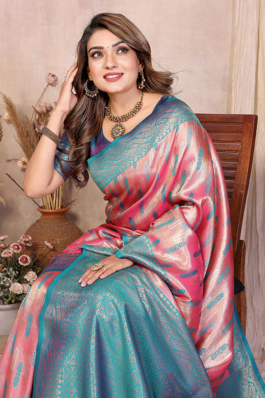 Teal Blue Pink Banarasi Silk Saree with Rich Zari Weaving and Contrast Border