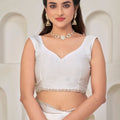 White Satin Silk Saree with Gold Zari Designer Saree