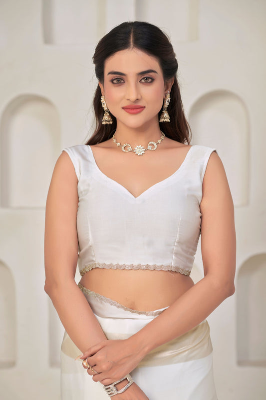 White Satin Silk Saree with Gold Zari Designer Saree