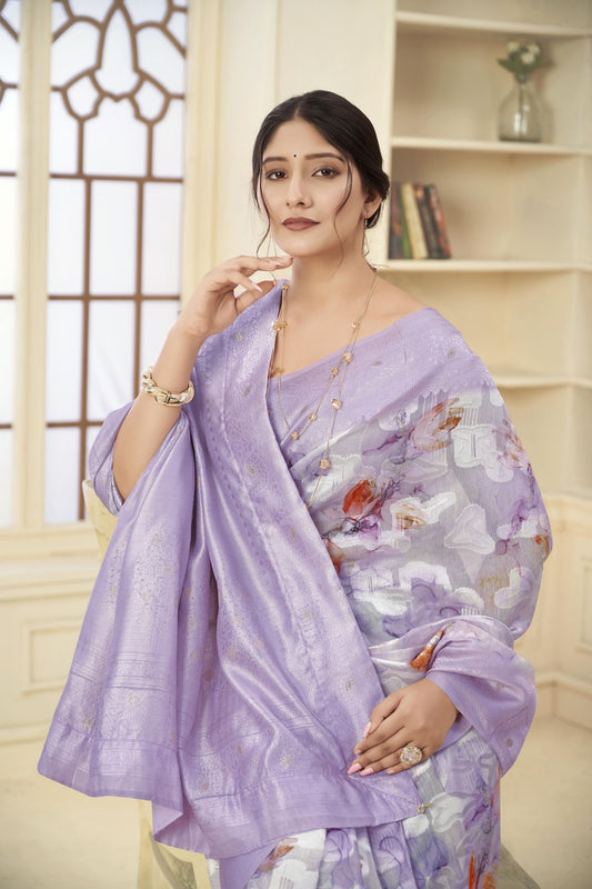 Lavender Floral Printed Linen Silk Saree with Subtle Zari Detailing and Blouse Piece