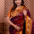 Rich Maroon Paithani Silk Saree with Contrast Orange Zari Border