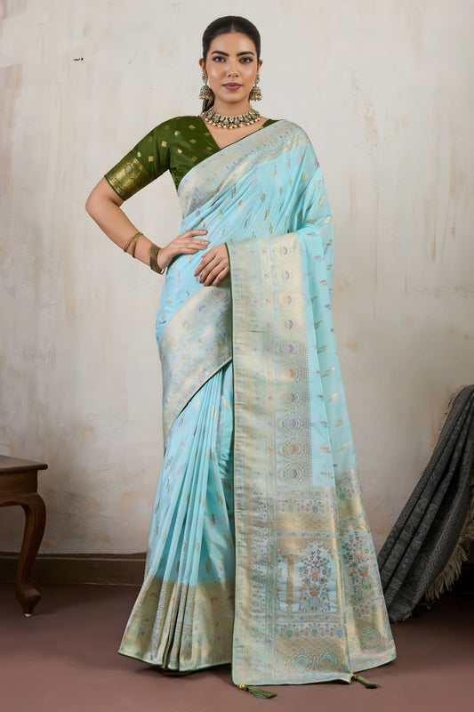 Sky Blue Banarasi Silk Saree with Zari Weaving Rich Designer Pallu