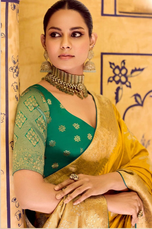 Mustard Yellow Banarasi Silk Saree with Golden Zari Contrast Green Blouse