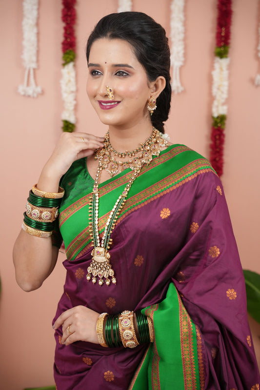 Purple Silk Saree with Green Woven Border Traditional Design