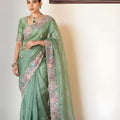 Sage Green Embroidered Satin Silk Saree Floral Designer Border