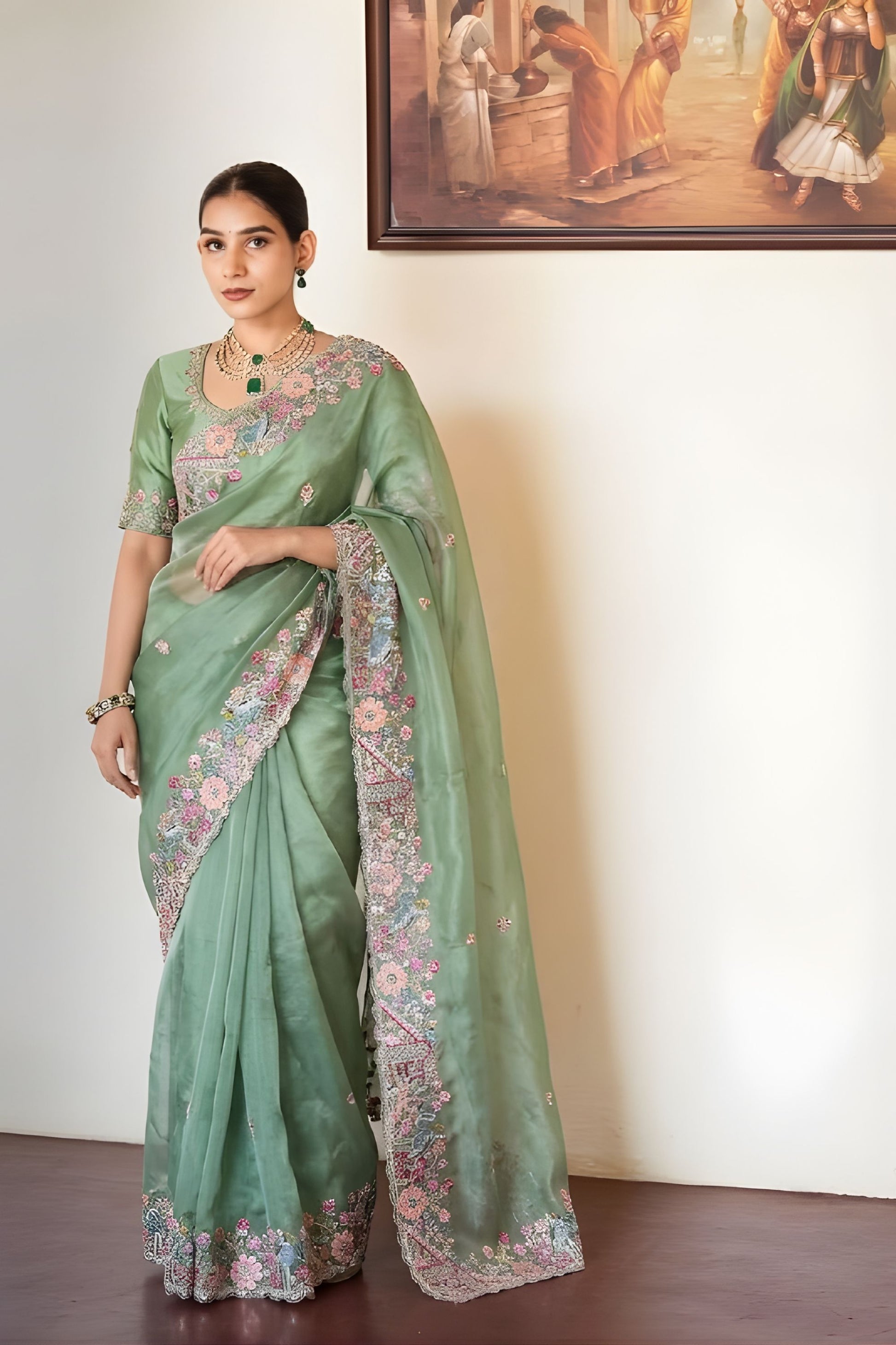 Sage Green Embroidered Satin Silk Saree Floral Designer Border