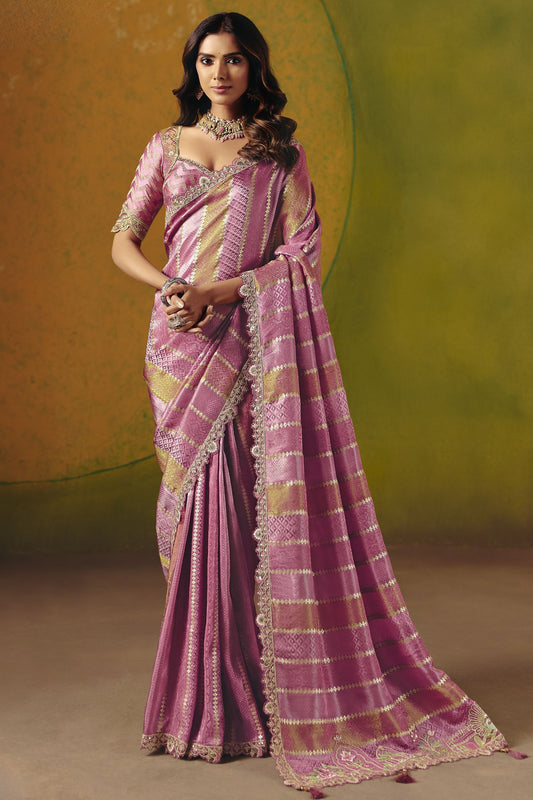 Pink Silk Saree Gold Zari Weaving Embroidered Border Readymade Blouse