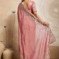 Pink Embroidered Organza Saree Floral Handwork Designer Blouse
