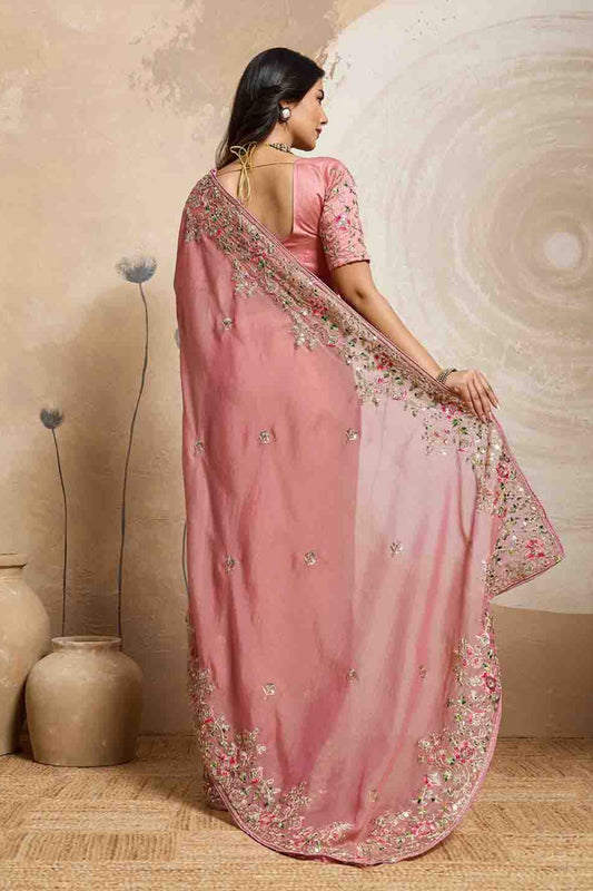 Pink Embroidered Organza Saree Floral Handwork Designer Blouse