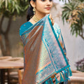 Traditional Teal Blue and Copper Silk Saree with Rich Woven Zari Border