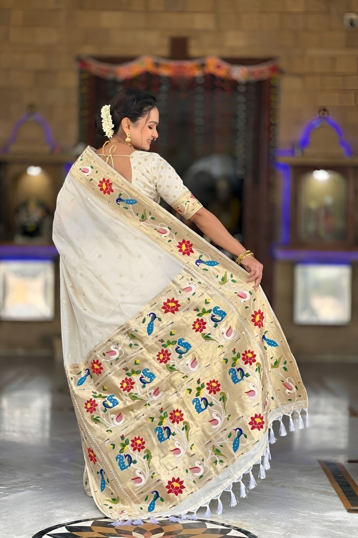 Off White Floral Woven Linen Silk Saree with Designer Peacock Border
