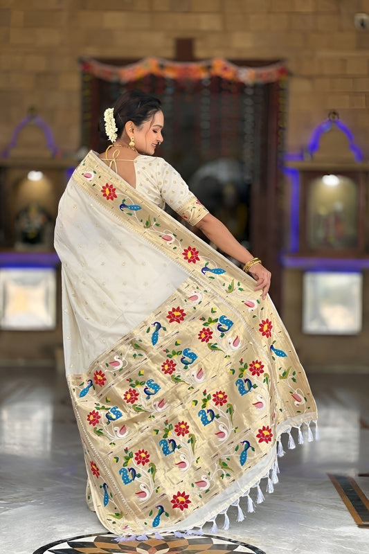 Off White Floral Woven Linen Silk Saree with Designer Peacock Border