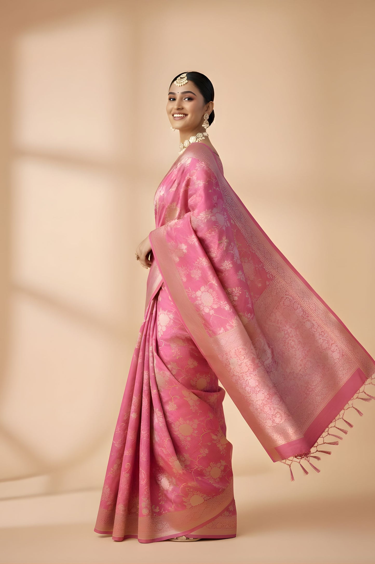 Rose Pink Silk Saree with Gold Zari Floral Weaving Traditional Wear Saree