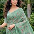 Mint Green Linen Cotton Saree Multicolor Floral Embroidery Tassel Pallu