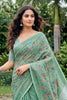 Mint Green Linen Cotton Saree Multicolor Floral Embroidery Tassel Pallu