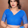 Royal Blue and Grey Georgette Saree Embroidered Border Work
