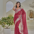  Rose Pink Georgette Saree Heavy Embroidered Border Designer Blouse