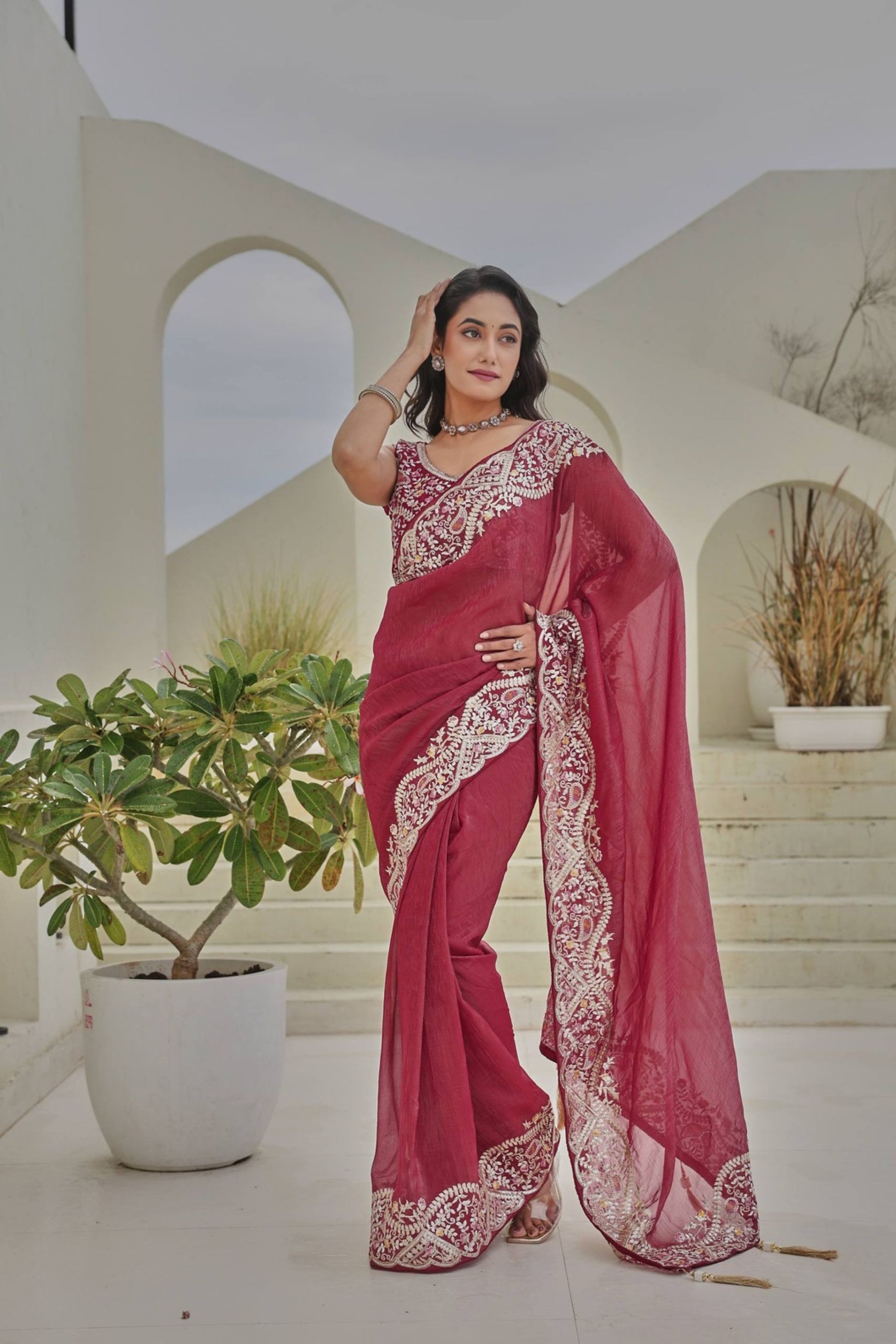 Rose Pink Georgette Saree Heavy Embroidered Border Designer Blouse