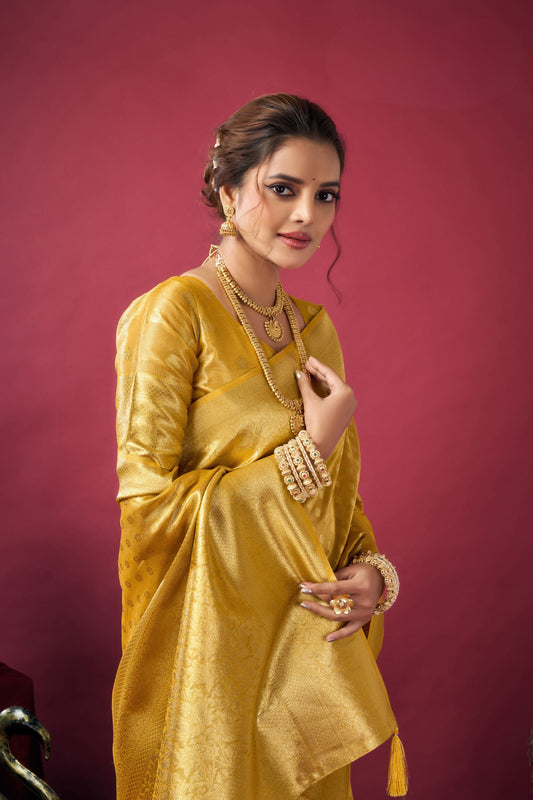 Mustard Yellow Banarasi Silk Saree Rich Golden Zari Weaving Blouse
