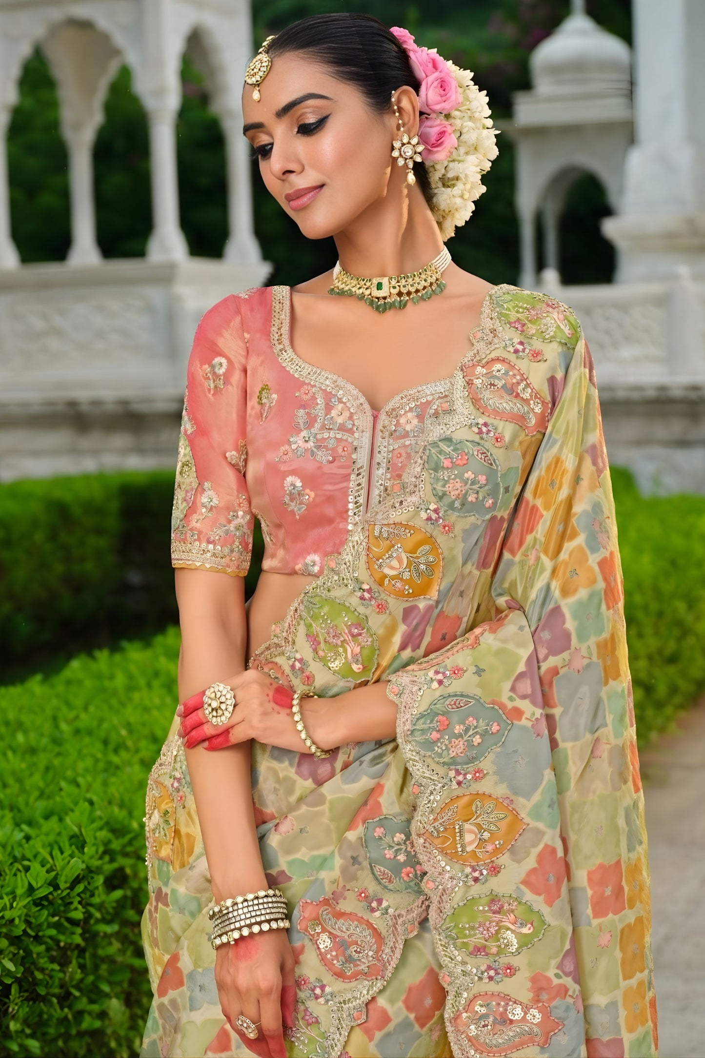 Designer Multicolour Printed Silk Saree with Heavy Embroidered Border