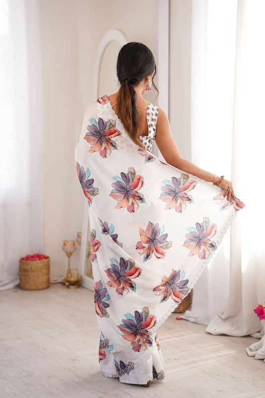 White Floral Digital Printed Linen Saree with Designer Lace Border