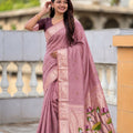 Dusty Pink Linen Silk Saree Hand Painted Lotus Pallu Zari Border