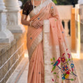 Peach Pink Tussar Silk Saree Multicolor Bird Floral Motif Pallu