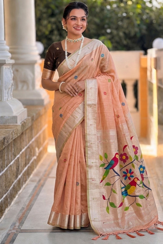 Peach Pink Tussar Silk Saree Multicolor Bird Floral Motif Pallu