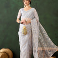 White Embroidered Net Saree Thread Work Party Wear Saree