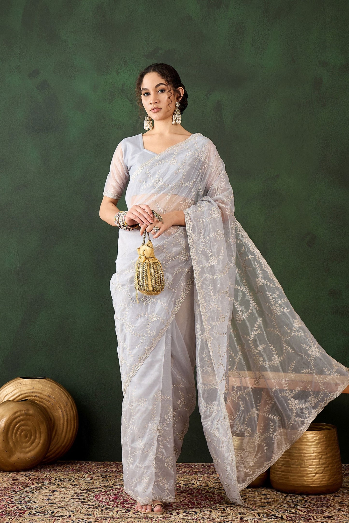 White Embroidered Net Saree Thread Work Party Wear Saree