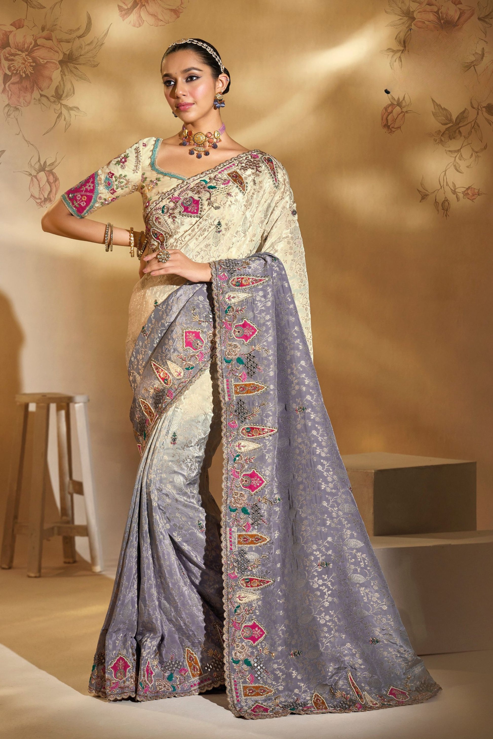 Beige Lavender Banarasi Silk Saree Elegant Designer