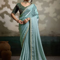 Mint Green Soft Silk Saree Designer Embroidered Blouse Zari Border F