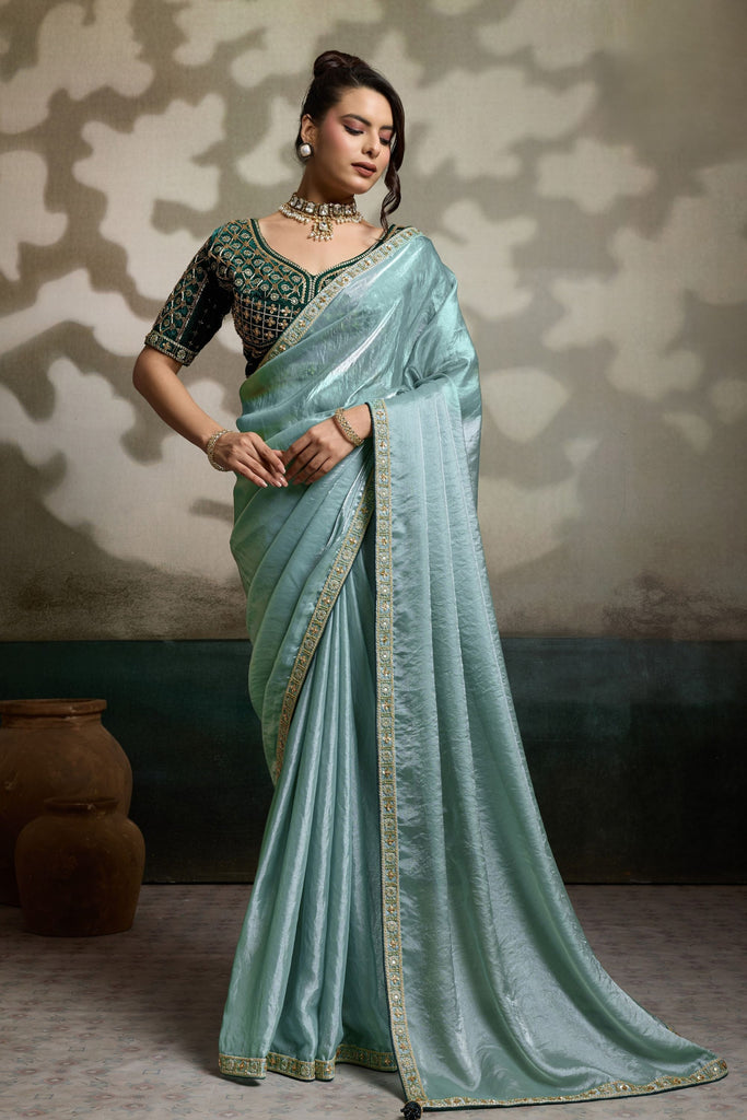 Mint Green Soft Silk Saree Designer Embroidered Blouse Zari Border F