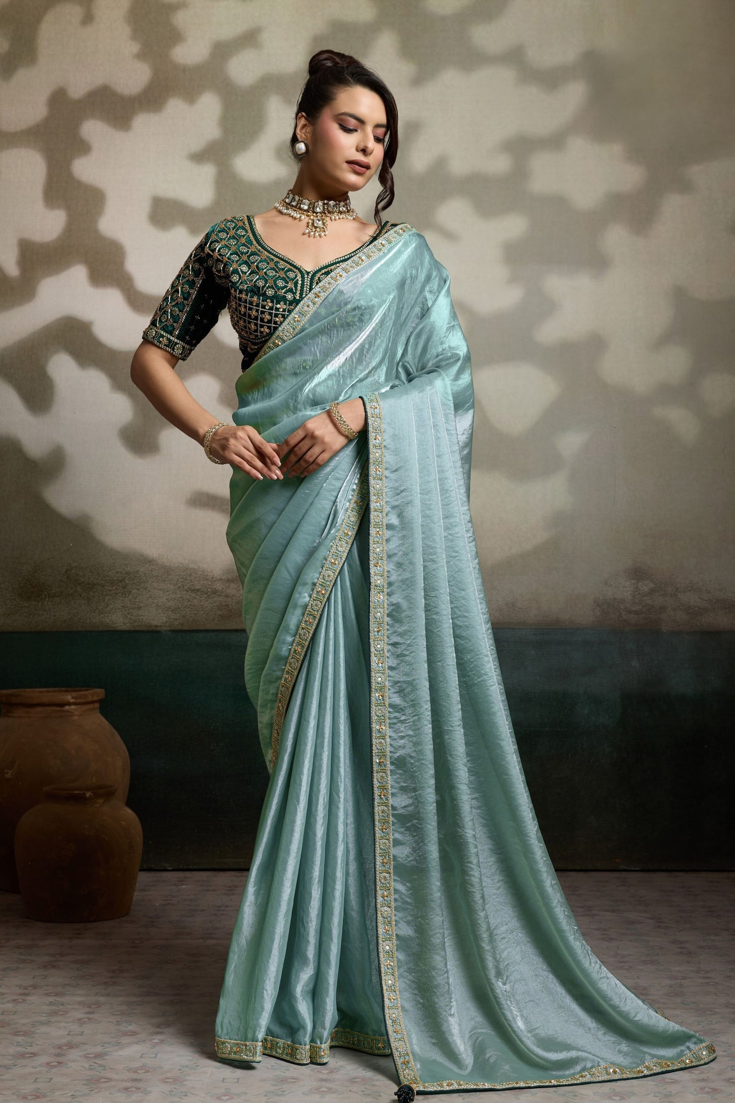 Mint Green Soft Silk Saree Designer Embroidered Blouse Zari Border F