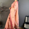 Elegant Peach Linen Cotton Saree Floral Print Pallu Traditional Border