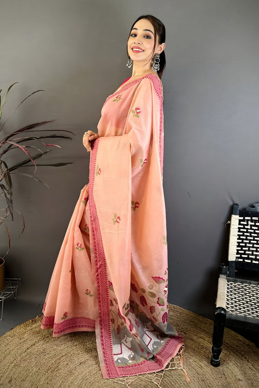 Elegant Peach Linen Cotton Saree Floral Print Pallu Traditional Border