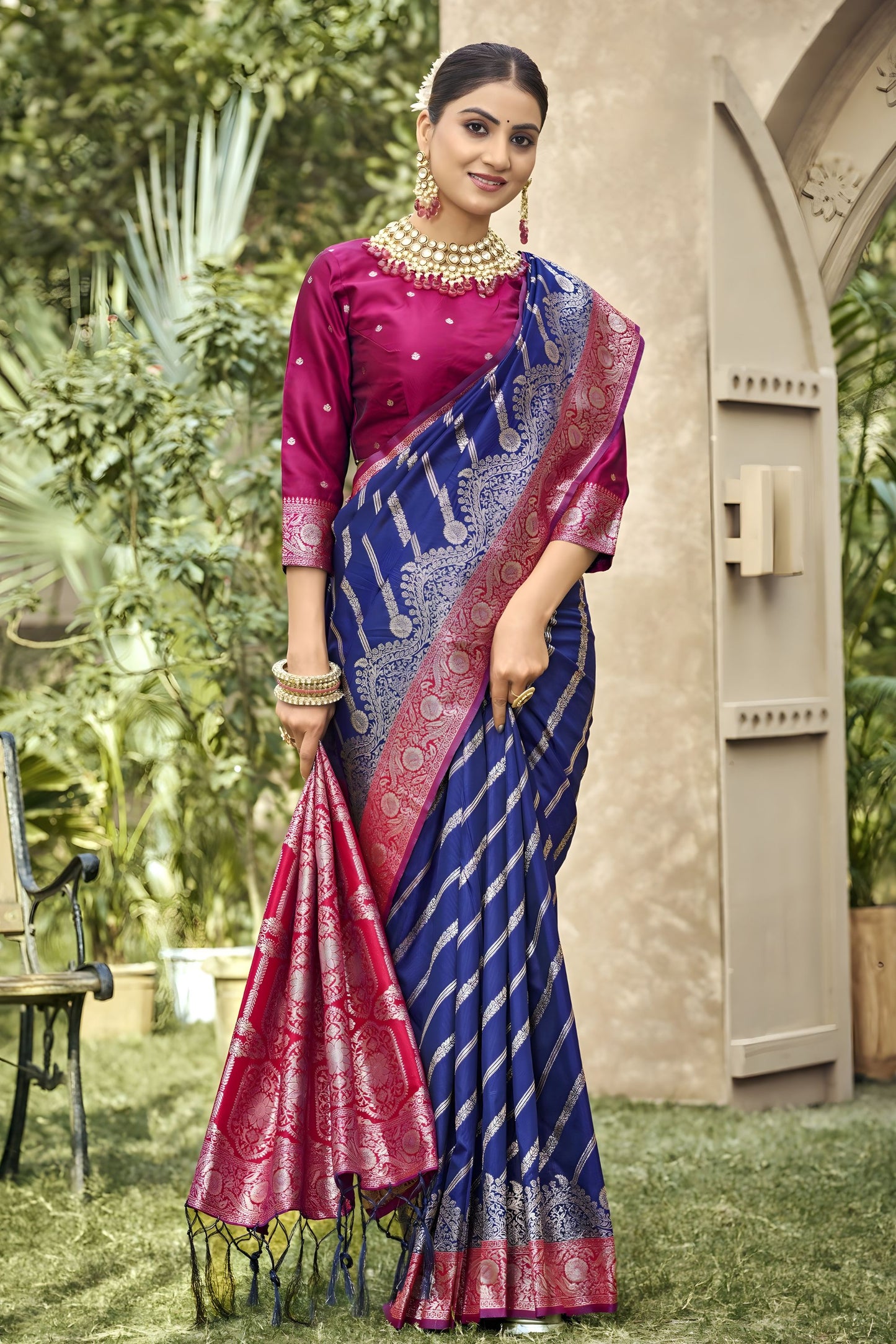 Royal Blue Banarasi Silk Saree Red Zari Border Traditional Saree