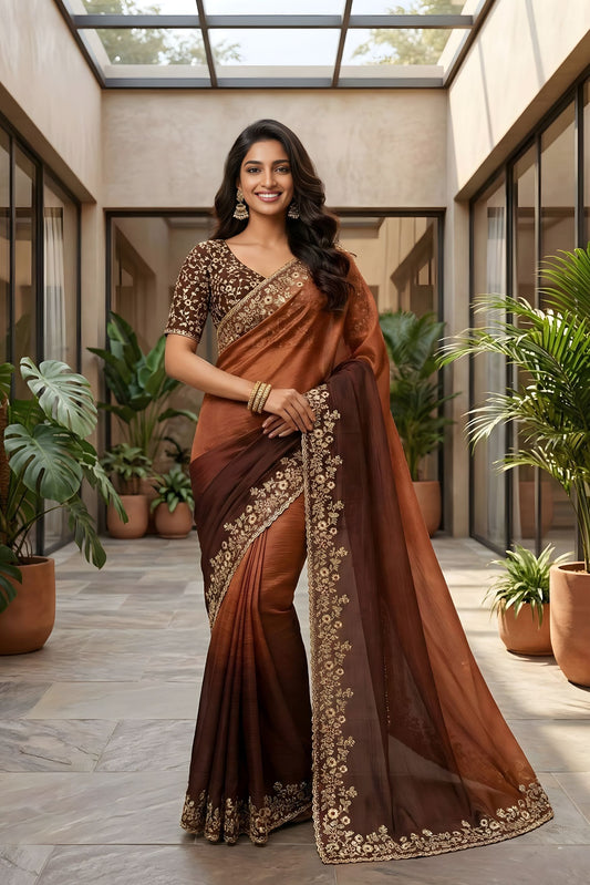 Coffee Brown Ombre Silk Saree with Zari Embroidered Border