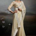 Cream Silk Saree with Designer White Lace Border Party Wear