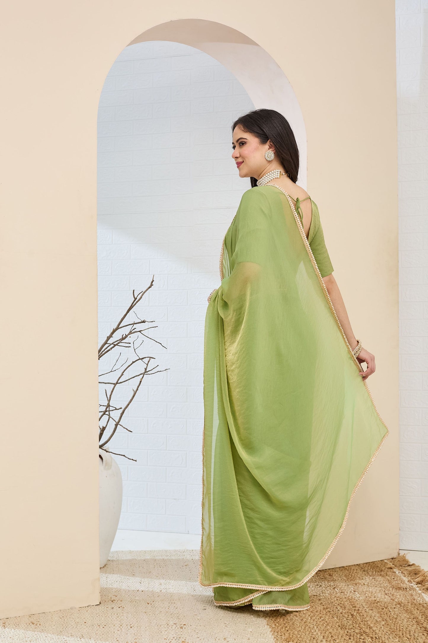 Pista Green Georgette Ready To Wear Saree with Designer Pearl Lace Border