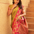 Olive Green Silk Saree with Pink Contrast Border Floral Zari Work
