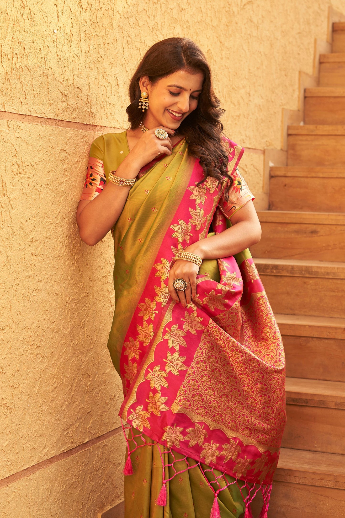 Olive Green Silk Saree with Pink Contrast Border Floral Zari Work