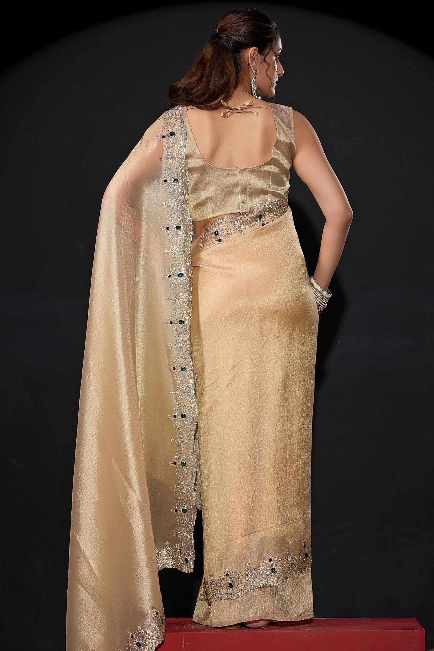 Golden Shimmer Silk Saree with Heavy Stone Zari Embroidered Border