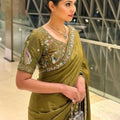 Olive Green Organza Silk Saree Sequins Embroidered Border Designer Blouse