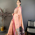 Peach Pink Linen Cotton Saree Artistic Elephant Print Pallu