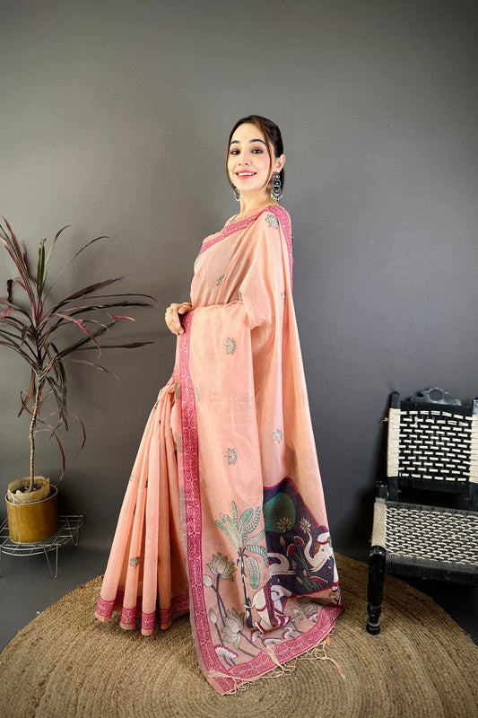 Peach Pink Linen Cotton Saree Artistic Elephant Print Pallu