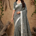 Grey Cotton Linen Saree with Woven Motifs Silver Zari Border