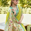 Lime Green Silk Saree with Teal Border Peacock Floral Weaving Work